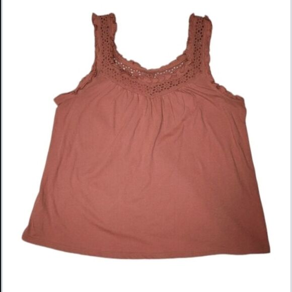 NEW L ANN TAYLOR LOFT mauve eyelet ruffle boho neutral V NECK tank top LARGE NWT - Picture 1 of 7